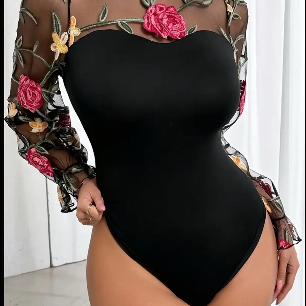 Floral Embroidered Black Mesh Top/ body suit - Picture 2 of 3